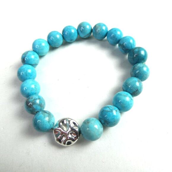 Beadology Round Faux Turquoise Beaded Silver Tone Adjustable Stretchy Bracelet - Picture 1 of 5